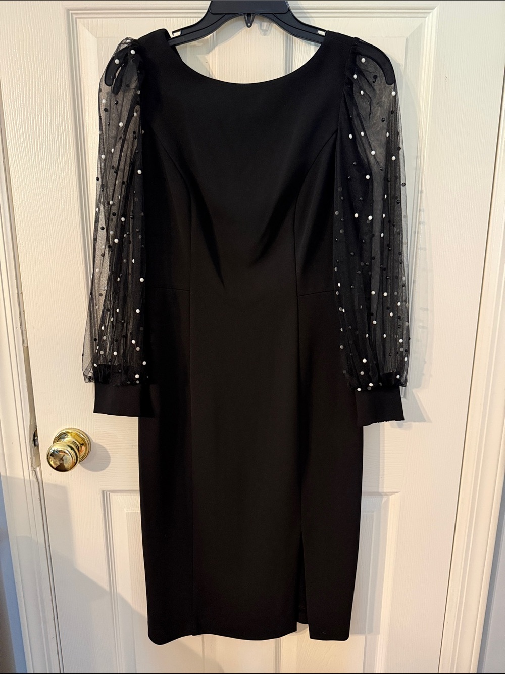 Eliza J Black Sheath Dress with Sheer Polka-Dot Puff Sleeves